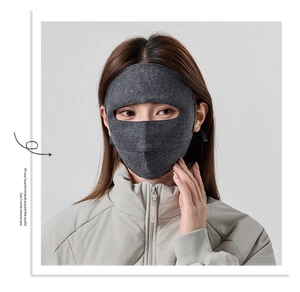 Detailed view of deep grey wool blend full face mask for outdoor winter warmth