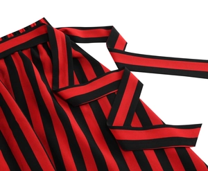 Detail of red and black vertical striped A-line skirt with a matching self-tie waist belt