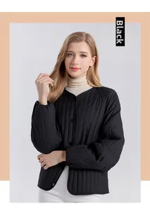 Women's black quilted silk-filled jacket with ribbed cuffs and round neck design