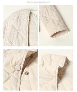 Detailansicht der beigen Steppjacke mit V-Ausschnitt, Ärmelbündchen, Druckknöpfen und Saum