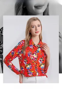 Detail of red mulberry silk floral shirt featuring vibrant prints and a classic turn-down collar
