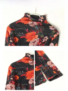 Detail view of floral print turtleneck with silk-like texture and high-quality stitching