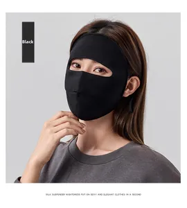 Detailed view of black wool and silk balaclava face mask showing full face protection