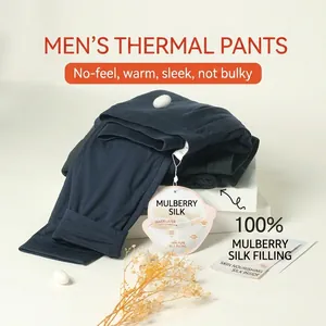 Navy blue men's thermal pants with 100% mulberry silk filling for winter warmth