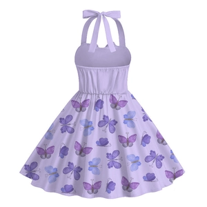 Dettaglio dell'abito bambina color lavanda con stampa farfalle e fiocco sul retro