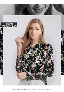 Detail of long sleeve silk blouse featuring floral pattern 669 and classic collar design