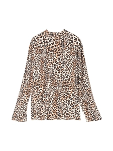 T-shirt femme en soie à manches longues et imprimé léopard avec col montant chic