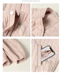 Detail of pink quilted silk jacket showing resin buttons, snap fasteners, and elastic cuffs