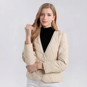 Damen V-Ausschnitt Steppjacke Maulbeerseidenfüllung Leichte Warme Innenfutter Mantel Rautenmuster Oberbekleidung
