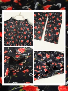 Silk long sleeve top with floral print featuring ruffled stand collar and button details