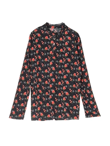 Floral silk long sleeve blouse with rose print, stand collar and ruffled neckline