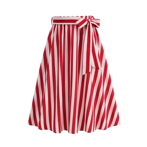 Detail of the high-waisted red and white vertical striped A-line skirt with a bow-knot belt