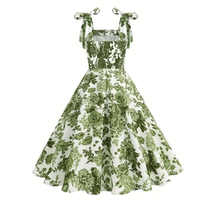 Vintage green floral A-line midi dress with tie shoulder straps and shirred back design