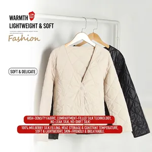 Damen V-Ausschnitt Steppjacke mit Rautenmuster und 100% Maulbeerseide Füllung in Beige und Schwarz