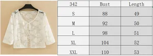 Size chart showing bust and length measurements for the white lace cardigan bolero