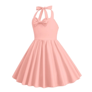 Abito vintage a collo alto rosa per bambine con doppi fiocchi e gonna a pieghe