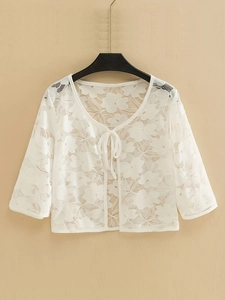 Women's Casual White Floral Lace Short Cardigan V-Neck Tie-Up 3/4 Sleeve Summer Sun Protection Hollow Out Sheer Shawl Top