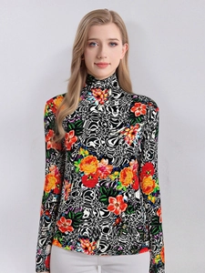 Women's 100% fine wool turtleneck sweater featuring artistic floral print and long sleeves