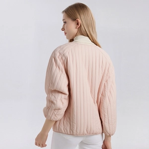 Women's light pink V-neck silk padded jacket with vertical quilting and relaxed fit
