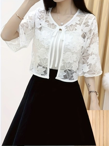 Elegant white short lace cardigan with floral hollow out design and front ribbon tie