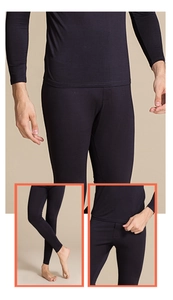 Dettaglio del set termico da uomo nero in 100% lana pregiata con design aderente slim fit