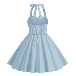 Dettaglio del collo a americana con fiocco coordinato su questo abito vintage azzurro