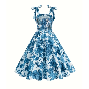 Blue and white floral summer sundress with tie straps and shirring back detail