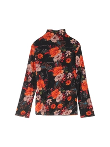 Women's 100% fine wool high neck sweater with vintage floral print in black and orange