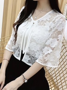 White floral lace cardigan shrug with V-neck tie and half sleeves for summer styling