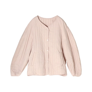 Pink quilted silk jacket for women with V-neck design and stylish vertical stripes