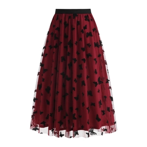 Gonna Lunga in Rete a Vita Alta da Donna Elegante Ricamo a Farfalla 3D Linea a Tulle Plissettata Gonna a Ruota per Festa di Halloween