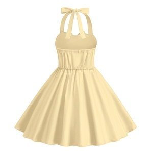 Dettaglio dell'abito vintage a trapezio giallo crema con fiocco e vita elasticizzata