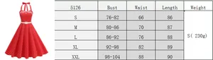 Size chart for a vintage red polka dot halter neck A-line dress showing S to XXL dimensions