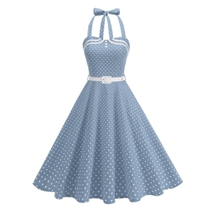 Retro light blue polka dot halter dress with bow tie neck and white buckled waist belt