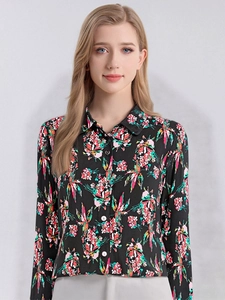 Women's silk floral long sleeve shirt with classic collar and elegant flower print
