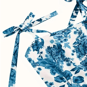 Close-up of blue floral print sundress featuring adjustable bow-knot ribbon straps