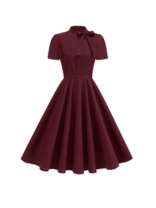 Abito Midi a Trapezio da Donna in Stile Vintage Hepburn con Fiocco Manica Corta Elegante Snellente Vita Alta Gonna a Ruota