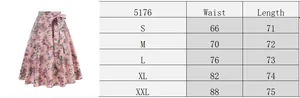 Size chart detail for floral A-line skirt featuring waist and length dimensions S to XXL