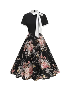 Vintage Women Short Sleeve Hepburn Style Midi Dress Contrast Bow Tie Collar Floral Palm Leaf Print A-Line Swing Party Dress