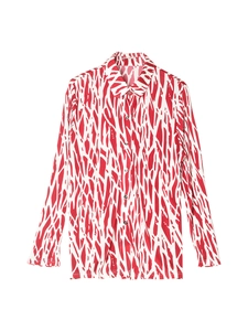Women's silk blend long sleeve shirt with red and white abstract print and lapel collar