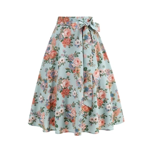 Vintage Women High Waist Floral Print A-Line Midi Skirt With Ribbon Bow Tie Summer Casual Retro Elegant Flowy Skirt