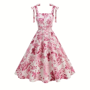 Women Vintage Floral Print A-Line Swing Dress Tie Shoulder High Waist Smocked Back Square Neck Midi Dress For Summer Party