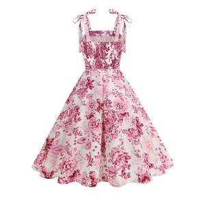 Floral print A-line sun dress with square neck and adjustable tie straps