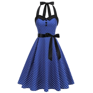 Robe Vintage à Pois pour Femmes Style Hepburn Années 50 Rétro Coupe Trapèze Évasée Robe Mi-longue avec Ceinture à Nœud
