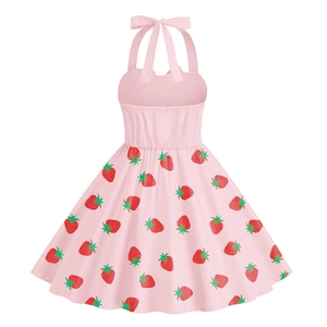 Abito rosa con allacciatura al collo per bambina con fragole rosse e grande fiocco