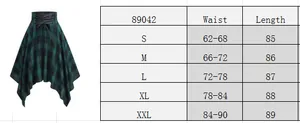 Detailed size chart for irregular plaid skirt featuring waist and length measurements
