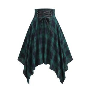 Women Gothic Irregular Plaid Skirt Dark Green Black Tartan High Waist Smocked Lace Up Handkerchief Hem Streetwear Skirt