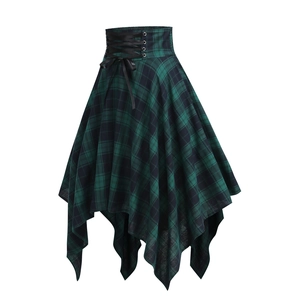 Gothic plaid high waist midi skirt with drawstring lacing and asymmetrical hem design