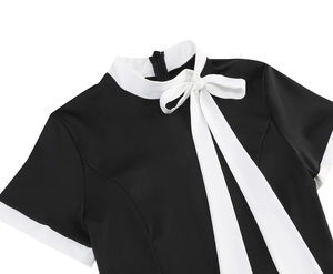 Detail of vintage 50s dress neckline with white bow tie and invisible zipper closure