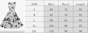 Size chart for the floral V-neck sleeveless dress showing bust waist and length details